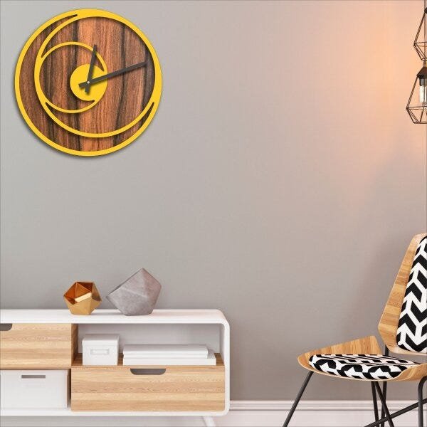 Relógio de Parede Premium Amadeirado com Relevo Amarelo 50cm - 2