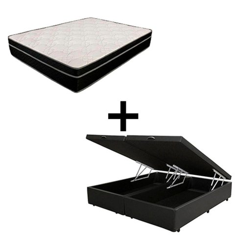 Cama Box Baú Casal 138 Bipartido Tecido Preto com Colchão Paris Molas Preto 67x138x188