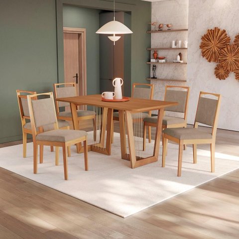 Conjunto Sala de Jantar Lina em Madeira Maciça 6 Cadeiras Linho Fendi