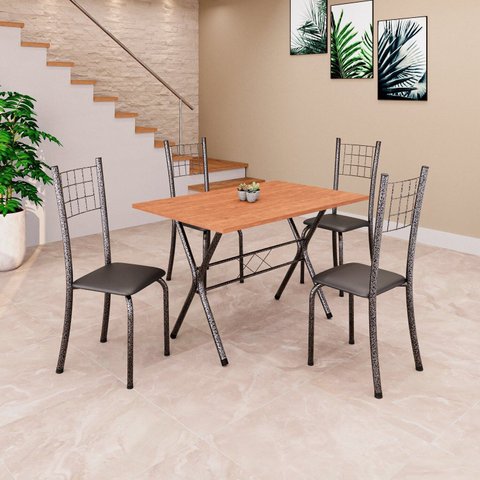 Conjunto de Mesa Tampo em MDF com 4 Cadeiras Dany Prata/Preto/Cinamomo
