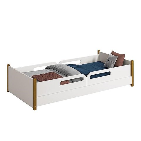 Cama Evolutiva Ravi Branco Pés Amadeirado, 2 Kits Grade Lateral Usinada e Colchão D33 - Reller Móvei
