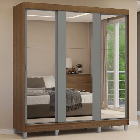 Guarda-Roupa Casal com Pés 3 Portas de Correr de Espelho Reno Madesa