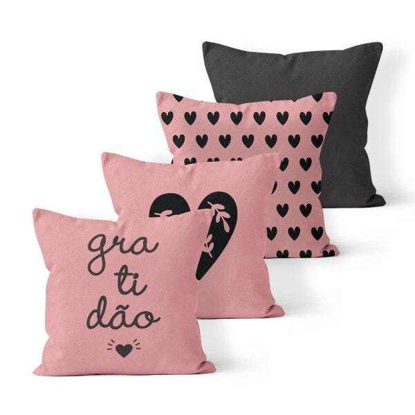 Kit 4 Almofadas Decorativas Own Gratidão e Corações Salmão e Preto - 1