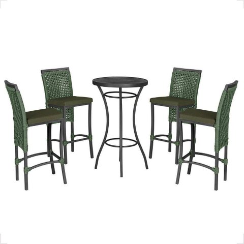 Mesa Bistro e 4 Banquetas Roma Preta Corda Náutica 12 Verde