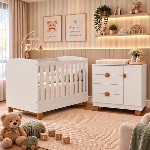 Quarto de Bebê Completo Apolo | Berço 2 em 1, Cômoda Sapateira 100% MDF