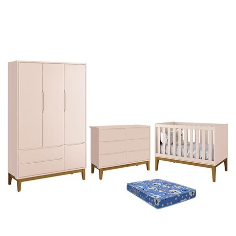 Dormitório Infantil Classic 3 Portas, Cômoda 6 Gavetas, Berço Rosa Fosco com Pés Amadeirado e Colchã