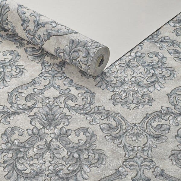 Papel de Parede Importado Lavável Arabesco Azul Prateado - 1