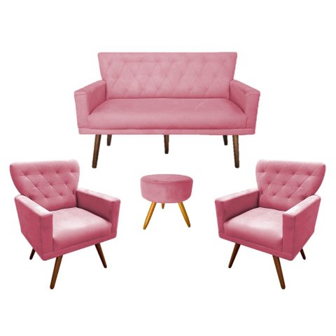 Kit Namoradeira + 2 Poltronas Decorativa Aurora + Puff Redondo Suede Rosa Pés Madeira Mz Decor