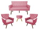 Ver imagem 1 de Kit Namoradeira + 2 Poltronas Decorativa Aurora + Puff Redondo Suede Rosa Pés Madeira Mz Decor