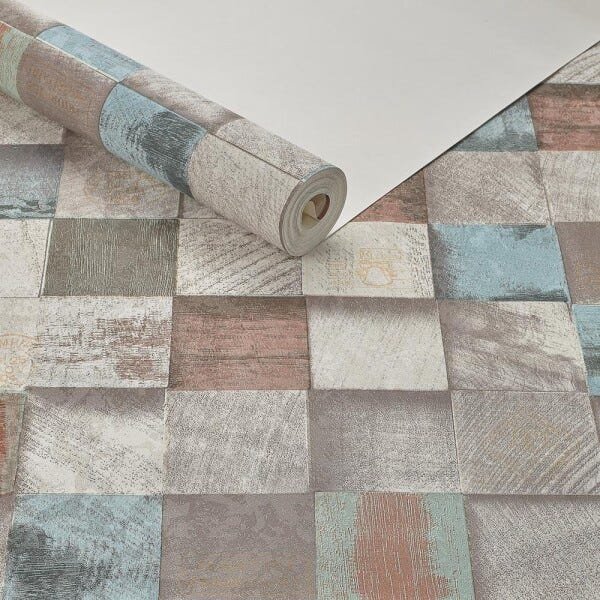 Papel de Parede Importado Textura Mosaico Madeira Cubos 3d - 1