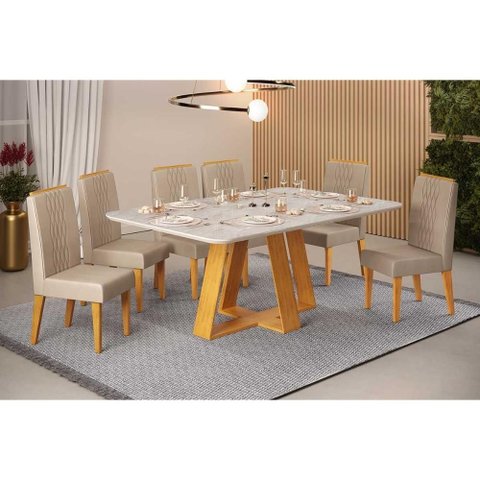Conjunto: Mesa de Cozinha Celeste c/ Tampo Madeirado Retangular 170x90cm e 6 Cadeiras Lia Cedro/