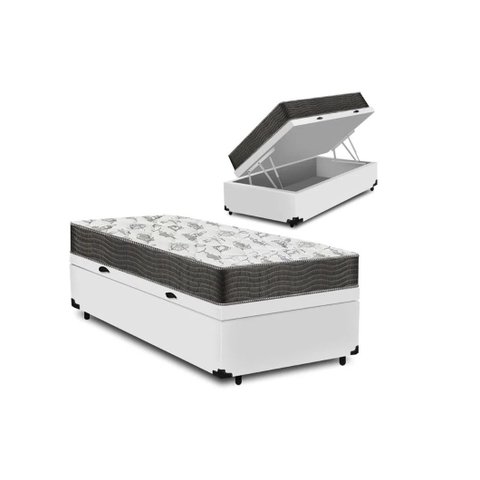 Cama Box Baú Solteiro Conforto Sintético Branco + Colchão Solteiro Conforto Espuma D33 Com EPS 30x88