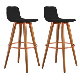 Kit 2 Banquetas Altas Luxo Versatil Aço Cobre Linho Preto Base Carvalho - 1