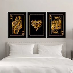 Kit 3 Quadros Rei e Rainha De Copas Preto e Dourado 24x18cm - com vidro:Madeira preta - 1