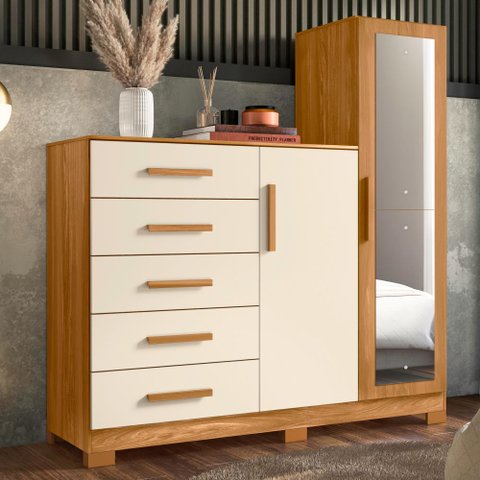 Cômoda com Espelho 5 Gavetas 2 Portas New Master Carvalho Grife Off White com Pés Albatroz