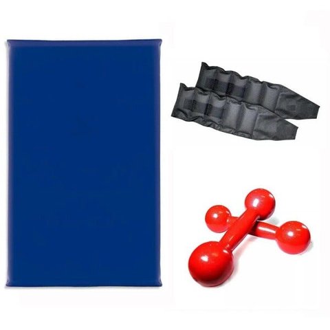 Kit Treine em Casa - Colchonete + Par de Caneleira 1 Kg + Par de Halteres de 1 Kg