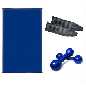 Kit Treine em Casa - Colchonete + Par de Caneleira 5 Kg + Par de Halteres de 5 Kg