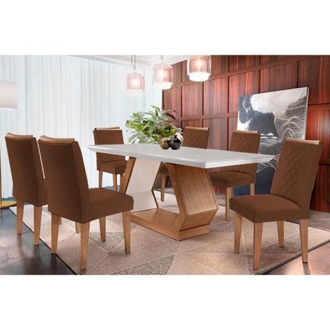 Conjunto: Mesa Sala Jantar Alvorada C/ Tampo Madeirado Canto Reto 180x90cm e 6 Cadeiras Jade Imbuia/