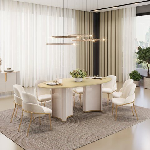 Conjunto Sala de Jantar Liz Tampo Elipse com Vidro Orgânico 218cm com 8 Cadeiras Vitta Bege/Off White/Dourado/Perola