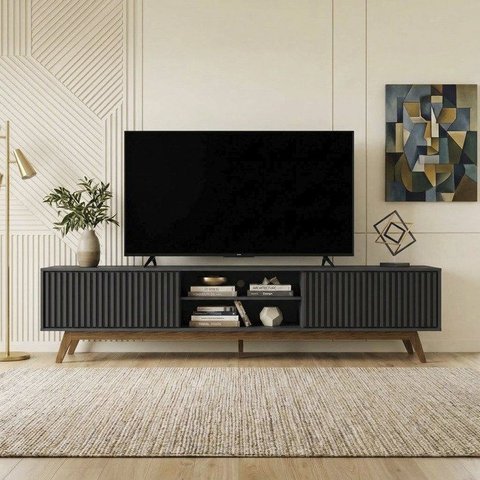 Rack Ripado Retrô para TV até 70 Polegadas Fox 218 cm Yescasa Preto