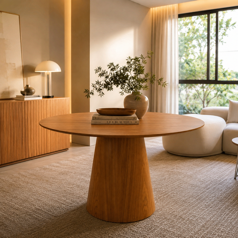 Mesa de Jantar Redonda 110cm em MDF Melamínico Freijó - Base Cone