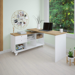 Escrivaninha Mesa Escritório e Home Office Gold Artany - Branco com Olmo - 1