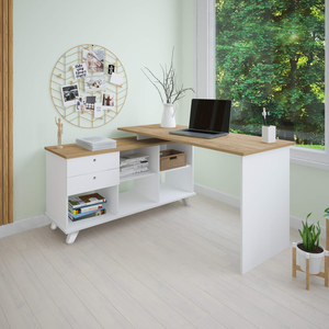 Escrivaninha Mesa Escritório e Home Office Gold Artany - Branco com Olmo