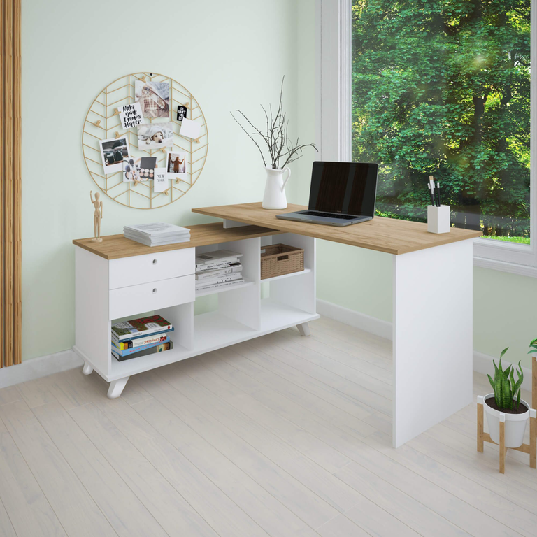Escrivaninha Mesa Escritório e Home Office Gold Artany - Branco com Olmo