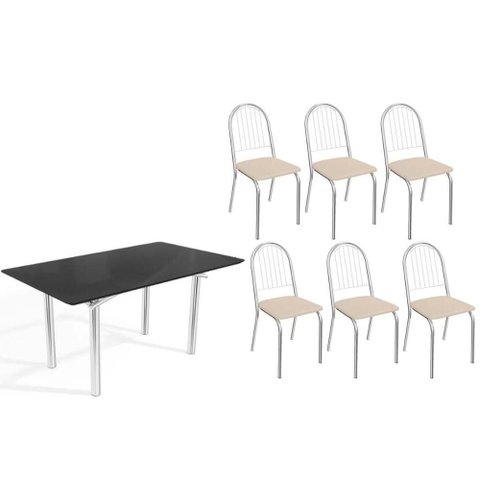 Sala de Jantar Completa Elba Tampo Madeirado C/ Vidro 160cm e 6 Cadeiras Noruega Cromada/preto -