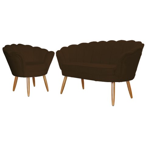 Kit Namoradeira + 1 Poltrona Decorativa Pétala Suede Marrom Pés Madeira Ms Decor