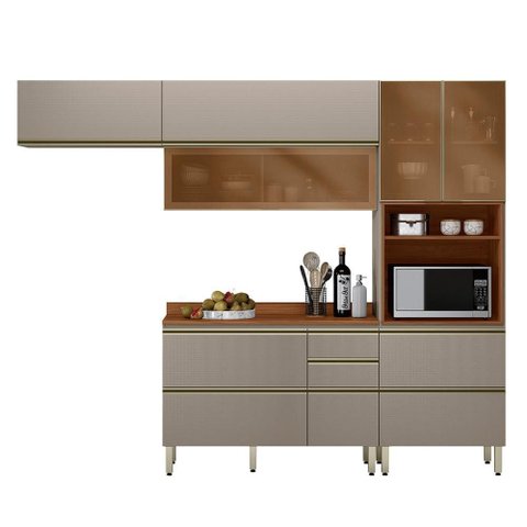 Cozinha Modulada Proença 4 Peças Balcão 120cm Nogueira Touch/nude Prime Tx com Tampo em Mdf -