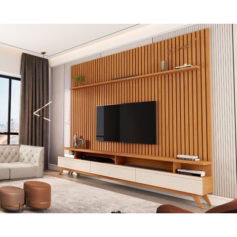 Rack Vivare com Painel Versátil para TV até 90 Polegadas 220cm Nature com Offwhite - Rede Móveis