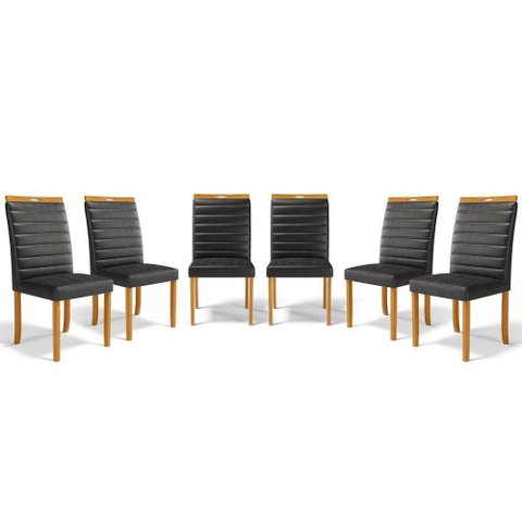 Kit com 6 Cadeiras Sara Madeira Maciça Estofadas para Mesa de Jantar Courino Preto 503
