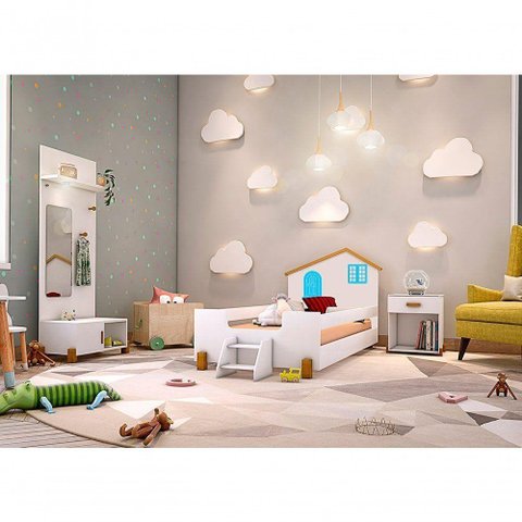 Cama Solteiro Casinha Branco Mel e Azul com Colchão