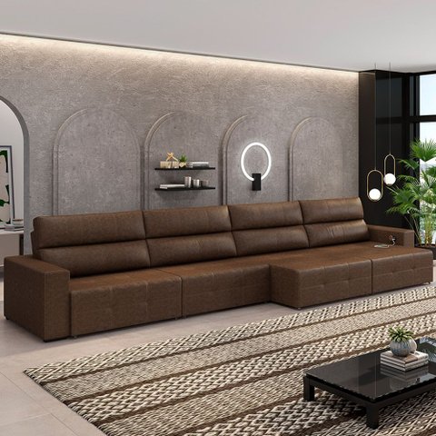 Sofá Retrátil 6 Lugares 444cm 4 Módulos Nero com Usb Couro Manchado G52 - Gran Belo
