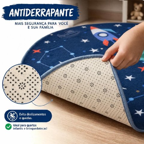 Tapete Infantil Astronauta Quarto Bebe Menino Azul 80cm Antiderrapante Redondo Pelucia Aveludado Dec