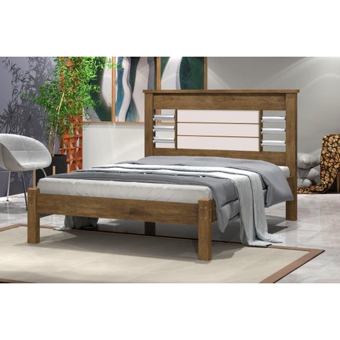 Cama RAI Casal Com Cabeceira Com Detalhes Cromados 100% MDF e Estrado em Madeira Cor Jequitiba/Off W