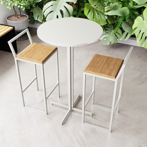 Conjunto Mesa Alta Bar Bistrô Redonda Branca 2 Banquetas Confort Pinus Industrial White Don Castro D