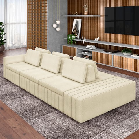 Sofá Ilha com Encosto e Almofadas Móveis Olimpo 425cm Modulado Bouclê Off White G45 - Gran Belo
