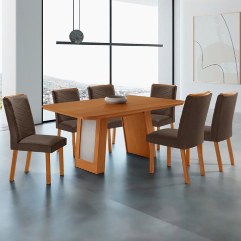 Mesa de Jantar Carolina 180cm Tp MDF Canto Copo Base Detalhe Off White com 6 Cadeiras Liz
