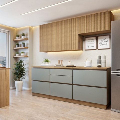 Cozinha Completa Modulada 4 Peças 6 Portas 4 Gavetas com Rodapé Norten Marrom/Verde/Nature