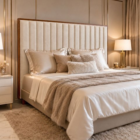 Painel Cabeceira Estofado Cama Box King Moldura Madeira Lua: Facto Pérola