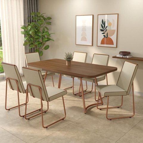 Conjunto Sala de Jantar Peonia 6 Lugares Tampo MDP Rosê 170cm Móveis Carraro