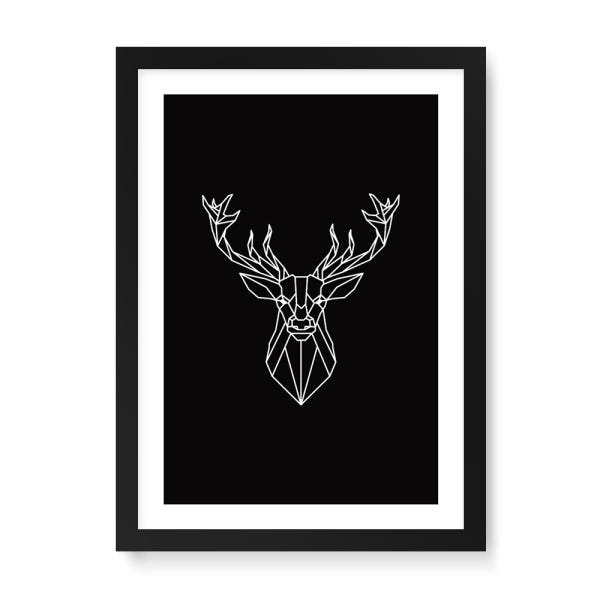 Quadro Decorativo Cervo Geométrico Borda Branca - 46x32,5cm (Moldura caixa laca preta) - Arte Maníac - 1