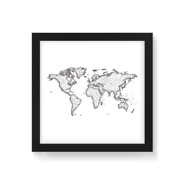 Quadro Decorativo Mapa Mundi Traça Nanquin - 50x50cm (Moldura em laca preta) - Arte Maníacos - 1
