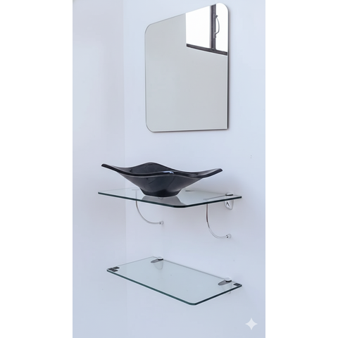 Kit Cuba Espelho e Prateleira de Vidro para Banheiro 53cm:preto