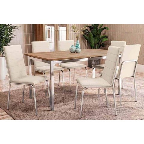 Conjunto: Mesa de Cozinha Reno Tampo Madeirado 90x160cm e 6 Cadeiras Amsterdã Cromado/nogueira -