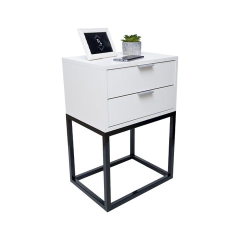 Mesa de Cabeceira Industrial 40cm Branco 2 Gavetas Pés Ferro Preto para Quarto Cama