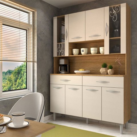 Armário de Cozinha Kit 8 Portas 2 Gavetas com Vidro Freijó/soft - Panorama Móveis