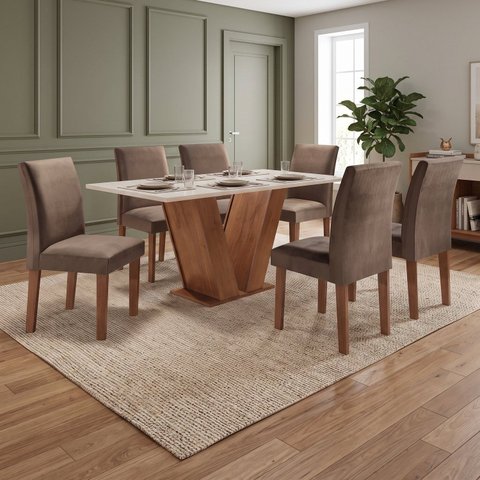 Conjunto Mesa de Jantar 6 Cadeiras 160cm com Tampo de Vidro